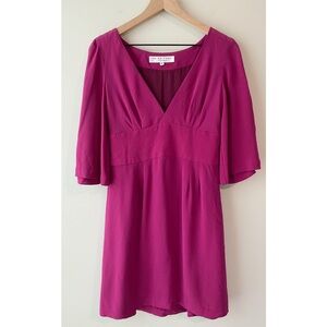Trink Turk Silk‎ V Neck Shift Dress 6 Fuchsia 3/4 Bell Sleeve Mini Pockets Fairy